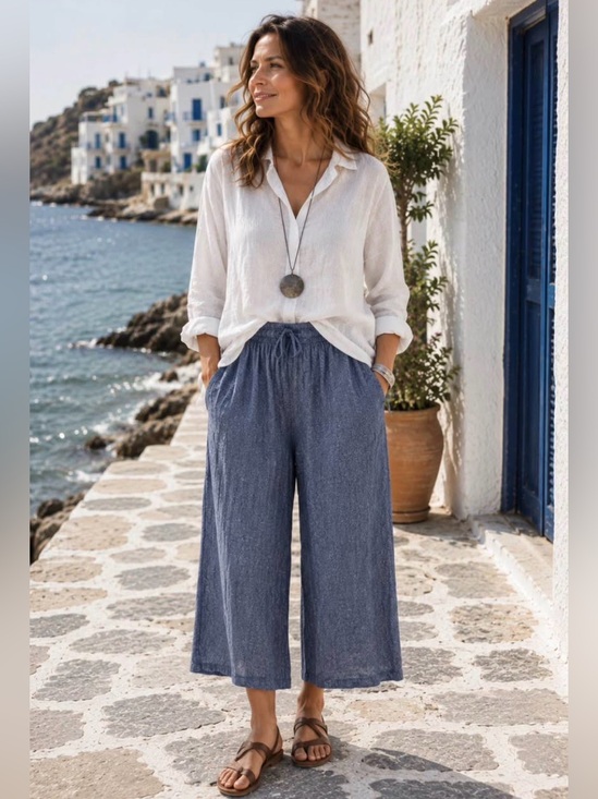 Reitmans Pants - Linen Blend Wide Leg Crop Pants | Blue Chambray | Coastal Minimalist, XXL